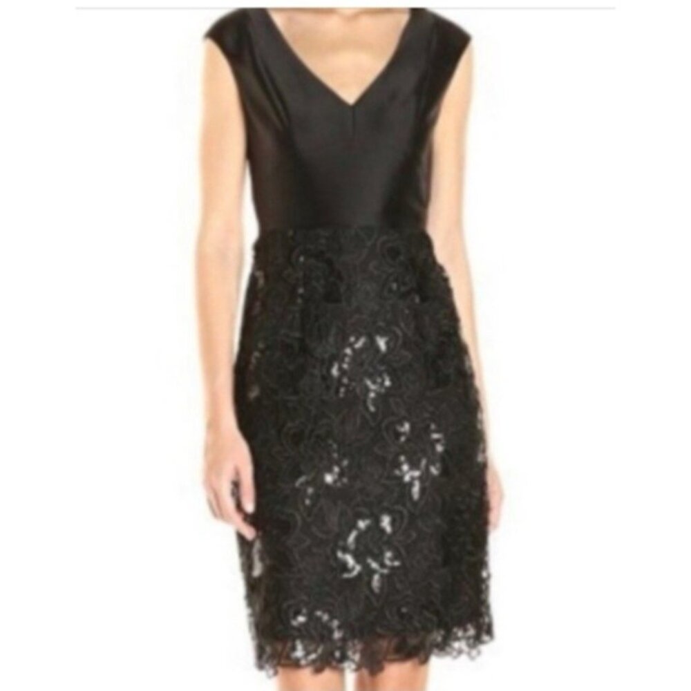 Adrianna Papell Dress 8 Black Embroidered Sequin Cruise Wedding Party Holiday